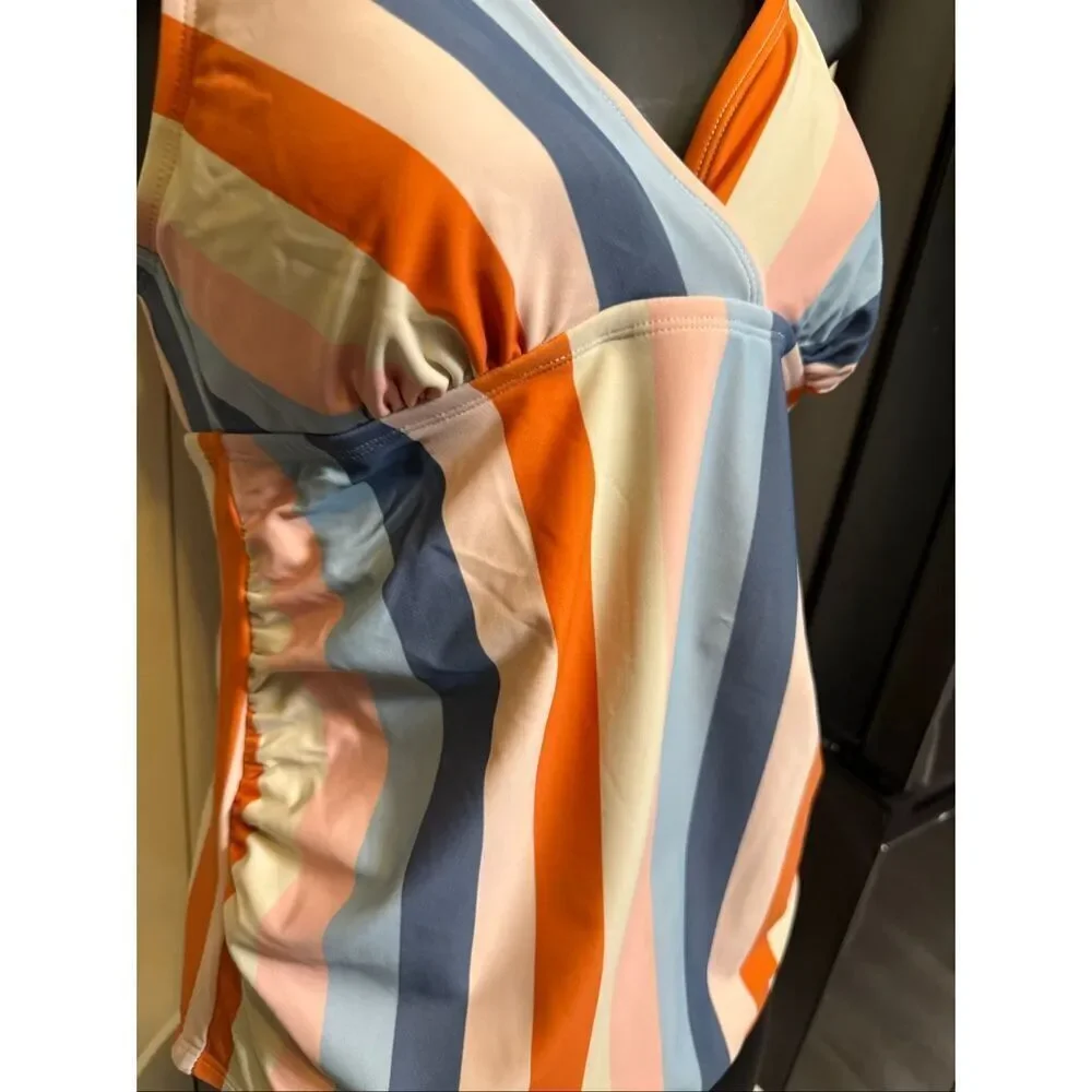 Isabel Maternity Womens Striped Tie Shoulder One Piece Swimsuit Multicolor Small